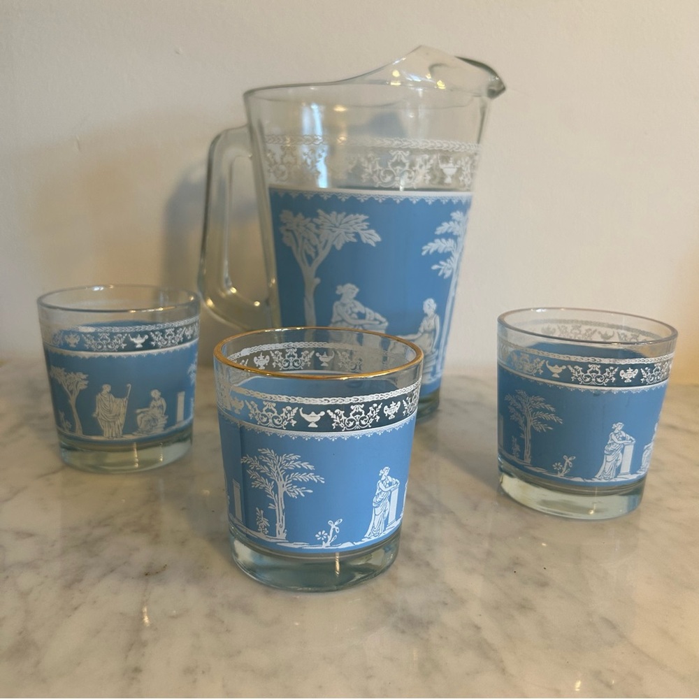 Vintage Blue Wedgwood Jeanette Hellenic Roman Greek Glass Pitcher & Glasses Set